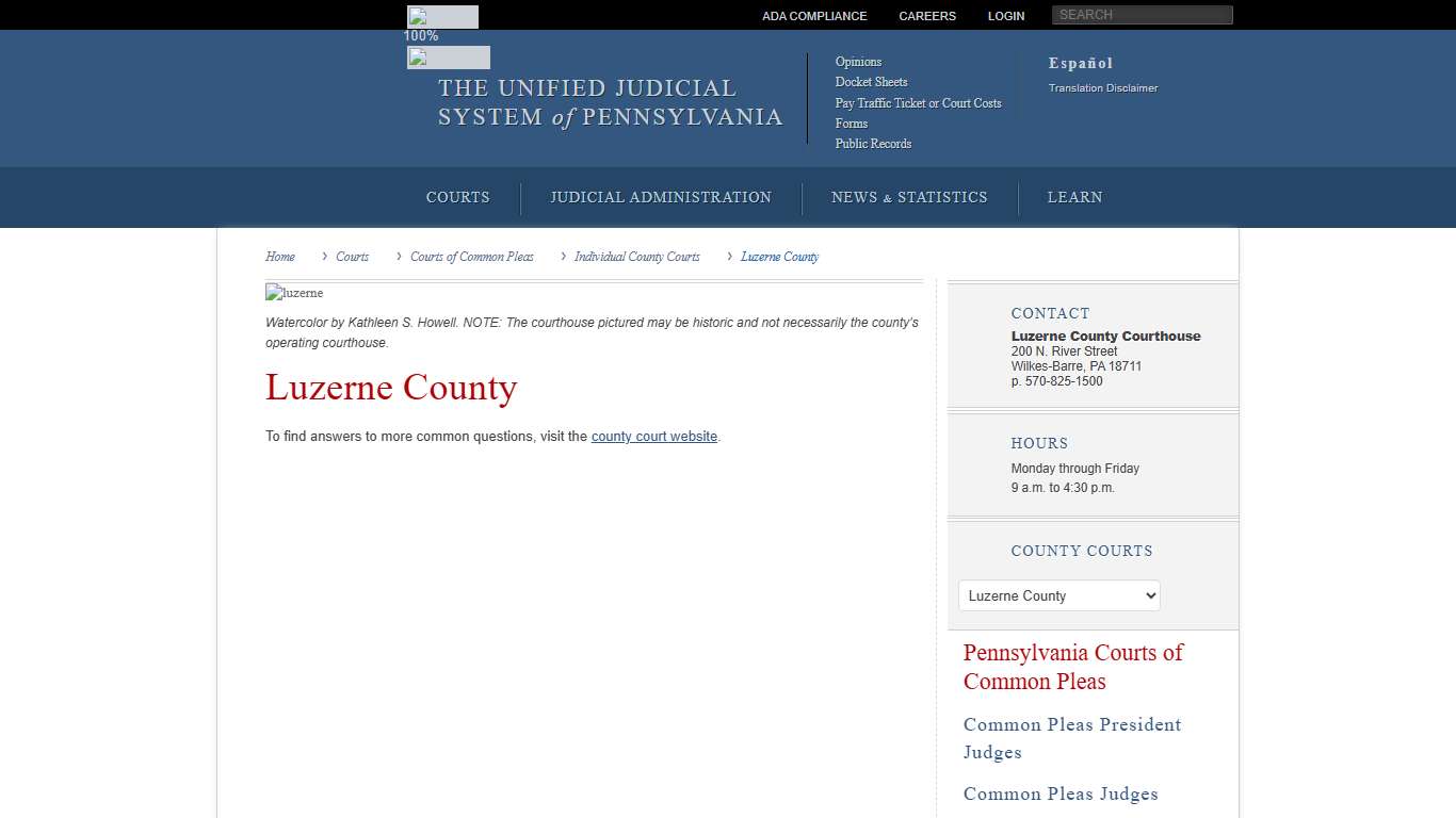 Luzerne County Individual County Courts Courts of Common Pleas Courts Unified Judicial System of Pennsylvania